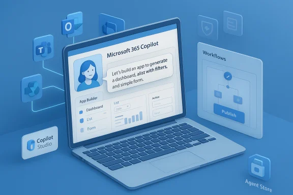 Isometric illustration of a laptop displaying Microsoft 365 Copilot UI with dashboards and workflows. Isometric illustration of a laptop displaying Microsoft 365 Copilot UI with dashboards and workflows.