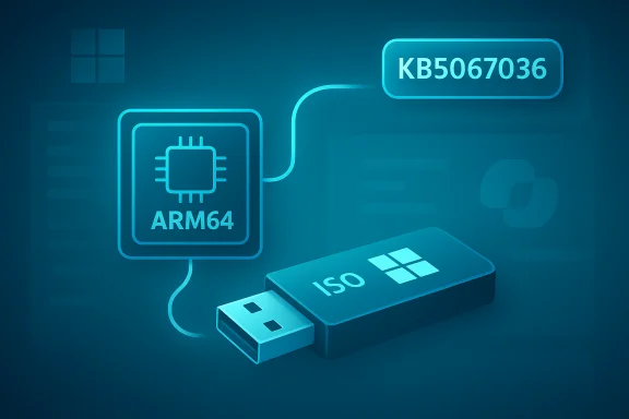 USB drive containing a Windows ARM64 ISO and the KB5067036 update. USB drive containing a Windows ARM64 ISO and the KB5067036 update.