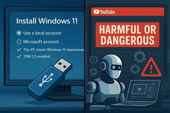 Split view: Windows 11 setup on the left, a robot with a YouTube warning on the right. Split view: Windows 11 setup on the left, a robot with a YouTube warning on the right.