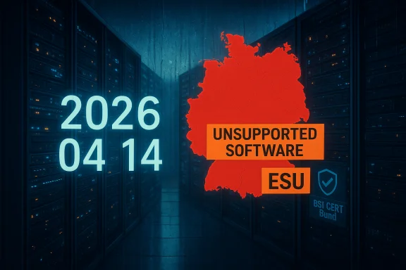 Data center racks glow with a red Germany map and orange 'UNSUPPORTED SOFTWARE' label. Data center racks glow with a red Germany map and orange 'UNSUPPORTED SOFTWARE' label.