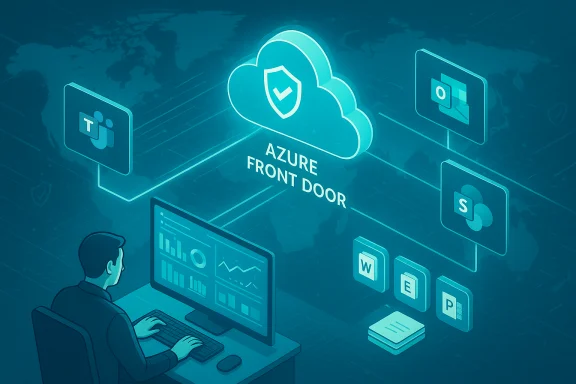 Azure Front Door security gateway connecting cloud apps to a user at a dashboard. Azure Front Door security gateway connecting cloud apps to a user at a dashboard.