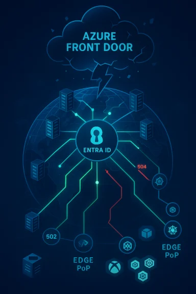 Azure Front Door diagram showing Entra ID connected to global edge PoP nodes. Azure Front Door diagram showing Entra ID connected to global edge PoP nodes.
