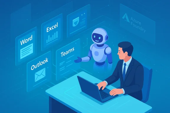 A businessman works at a laptop as a friendly robot explains Office apps on holographic panels. A businessman works at a laptop as a friendly robot explains Office apps on holographic panels.