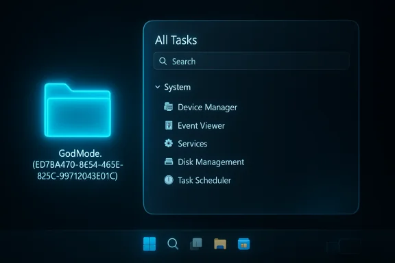 Neon blue GodMode folder sits beside a translucent All Tasks window on a dark screen. Neon blue GodMode folder sits beside a translucent All Tasks window on a dark screen.