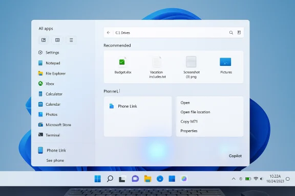 Windows 11 Start menu open with All apps on the left, a Recommended panel, and the taskbar below. Windows 11 Start menu open with All apps on the left, a Recommended panel, and the taskbar below.