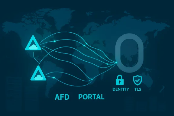 AFD Portal depicted as a security diagram across a world map, linking warnings to a TLS-enabled portal. AFD Portal depicted as a security diagram across a world map, linking warnings to a TLS-enabled portal.
