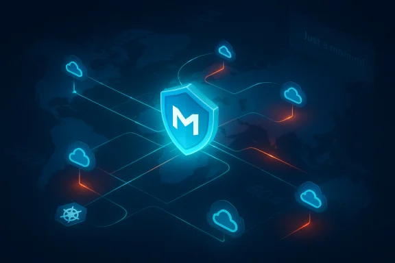 Glowing blue shield with M guards a world-spanning cloud network. Glowing blue shield with M guards a world-spanning cloud network.