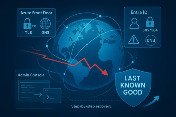 Global IT outage visualization with a red downward trend and recovery path to the Last Known Good.