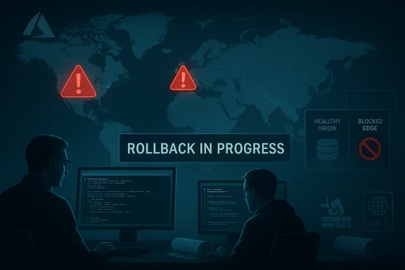 Two IT analysts monitor a global rollback in progress on their screens. Two IT analysts monitor a global rollback in progress on their screens.