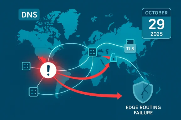 Global DNS/TLS network experiences edge routing failure, shown by warning icon and shield.