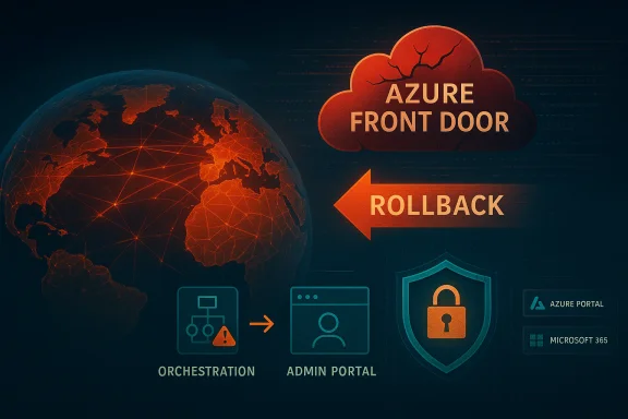 Azure Front Door rollback workflow illustrated with a globe, cloud, and security shield. Azure Front Door rollback workflow illustrated with a globe, cloud, and security shield.