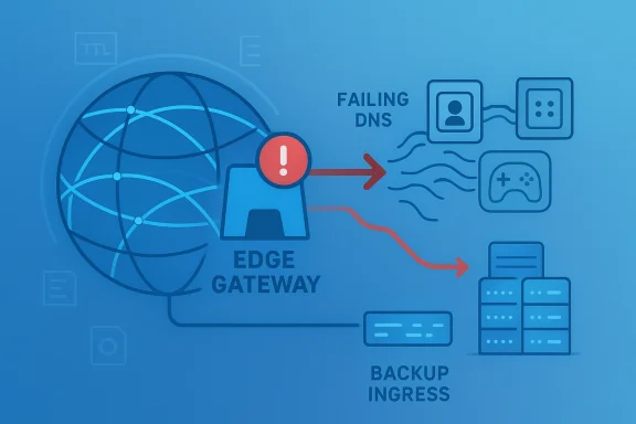 Edge gateway failure causes DNS outage, rerouting traffic to devices and backups. Edge gateway failure causes DNS outage, rerouting traffic to devices and backups.