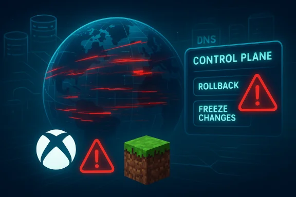 Global network disruption alert with control plane rollback warning, DNS, a Minecraft block, and Xbox logo. Global network disruption alert with control plane rollback warning, DNS, a Minecraft block, and Xbox logo.