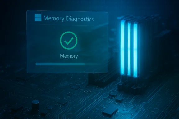 Memory diagnostics screen shows a green checkmark with glowing RAM sticks. Memory diagnostics screen shows a green checkmark with glowing RAM sticks.