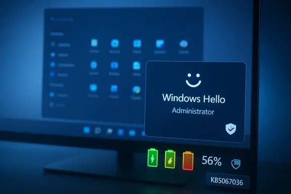 A blue-lit monitor displays a Windows Hello Administrator sign-in card. A blue-lit monitor displays a Windows Hello Administrator sign-in card.