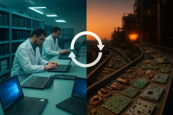Split view: researchers in a lab on laptops vs. discarded electronics on tracks at sunset. Split view: researchers in a lab on laptops vs. discarded electronics on tracks at sunset.