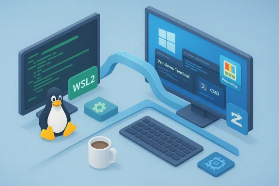 Tux the penguin sits by monitors showing WSL2 and Windows Terminal, symbolizing Linux on Windows. Tux the penguin sits by monitors showing WSL2 and Windows Terminal, symbolizing Linux on Windows.