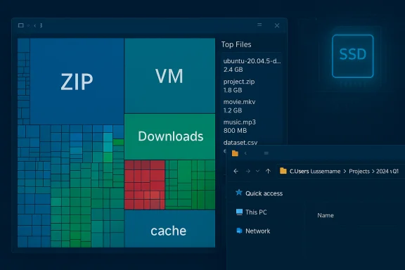 A dark blue Windows desktop with a treemap showing ZIP, VM, Downloads, and cache, plus a Top Files panel. A dark blue Windows desktop with a treemap showing ZIP, VM, Downloads, and cache, plus a Top Files panel.