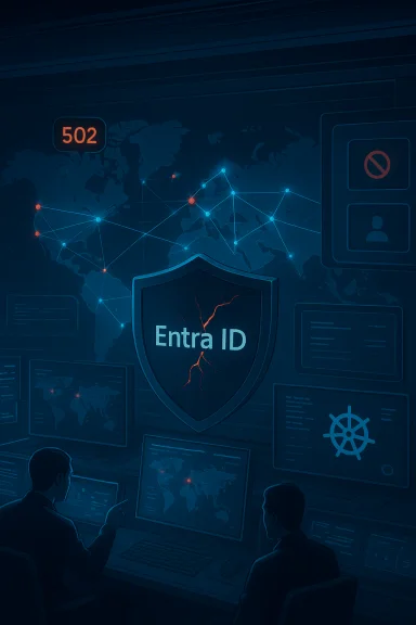 Entra ID shield guards a global network map in a security operations center. Entra ID shield guards a global network map in a security operations center.