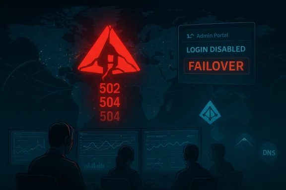 Control room monitors a global network outage with 502/504 errors and a failover warning. Control room monitors a global network outage with 502/504 errors and a failover warning.