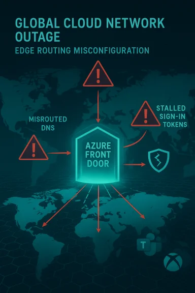 Global cloud network outage caused by edge routing misconfiguration around Azure Front Door. Global cloud network outage caused by edge routing misconfiguration around Azure Front Door.