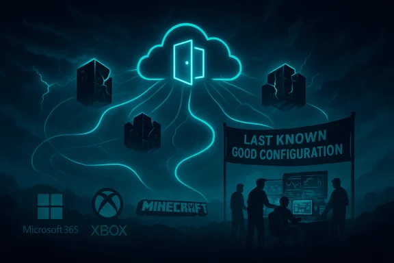 Neon cloud connects servers to a Last Known Good Configuration banner, with Xbox, Minecraft, and Microsoft logos. Neon cloud connects servers to a Last Known Good Configuration banner, with Xbox, Minecraft, and Microsoft logos.