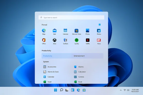 Windows 11 desktop showing the centered Start menu with pinned apps and a search bar. Windows 11 desktop showing the centered Start menu with pinned apps and a search bar.