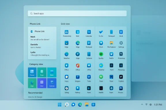 Blue UI dashboard showing a search bar, a Phone Link panel, and a grid of app icons. Blue UI dashboard showing a search bar, a Phone Link panel, and a grid of app icons.