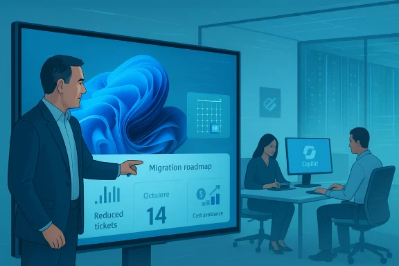 Presenter explains a migration roadmap on a large screen while colleagues work at Copilot desks. Presenter explains a migration roadmap on a large screen while colleagues work at Copilot desks.