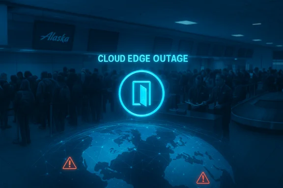 Crowd lines up beneath a blue neon “Cloud Edge Outage” sign over a glowing world map. Crowd lines up beneath a blue neon “Cloud Edge Outage” sign over a glowing world map.