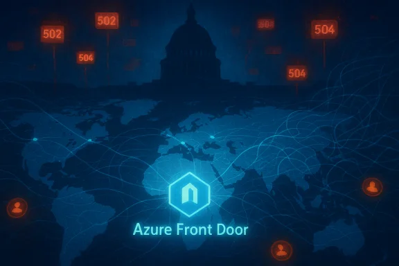 Azure Front Door logo over a world map with glowing network lines and 502/504 error codes. Azure Front Door logo over a world map with glowing network lines and 502/504 error codes.