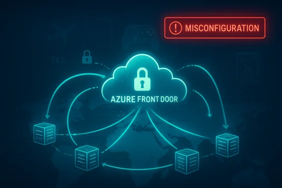 Illustration of Azure Front Door with a misconfiguration alert and global servers. Illustration of Azure Front Door with a misconfiguration alert and global servers.