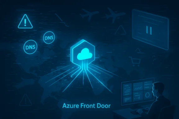 Illustration of Azure Front Door service with DNS icons, cloud node, and global map. Illustration of Azure Front Door service with DNS icons, cloud node, and global map.