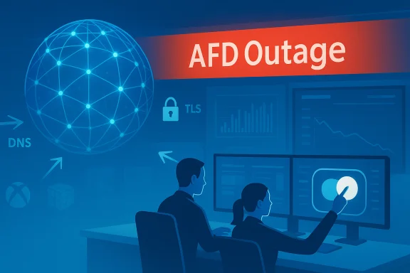 AFD Outage: IT team monitors dashboards and a global network diagram. AFD Outage: IT team monitors dashboards and a global network diagram.