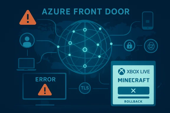 Illustration of Azure Front Door security network with alerts and a Minecraft rollback panel.