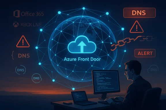 An IT professional monitors the Azure Front Door cloud network with DNS icons and alerts. An IT professional monitors the Azure Front Door cloud network with DNS icons and alerts.