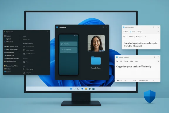 Windows 11 desktop with multiple floating apps and a Phone Link window. Windows 11 desktop with multiple floating apps and a Phone Link window.