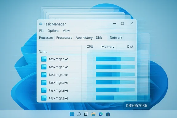 Windows Task Manager showing several taskmgr.exe processes with CPU and memory usage bars. Windows Task Manager showing several taskmgr.exe processes with CPU and memory usage bars.