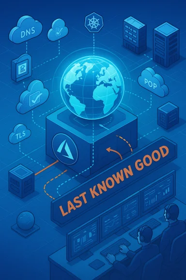 Blue infographic showing Last Known Good with cloud services and servers around a globe. Blue infographic showing Last Known Good with cloud services and servers around a globe.