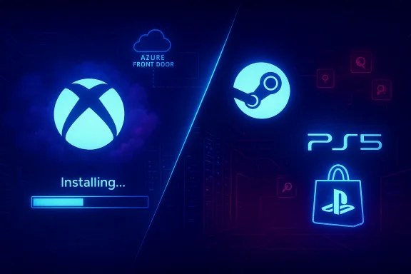 Neon blue split-screen: Xbox installing on the left, PS5/Steam on the right. Neon blue split-screen: Xbox installing on the left, PS5/Steam on the right.