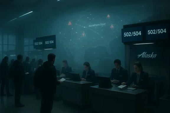 Futuristic Alaska Airlines service desk with staff at counters as customers queue under a holographic world map. Futuristic Alaska Airlines service desk with staff at counters as customers queue under a holographic world map.