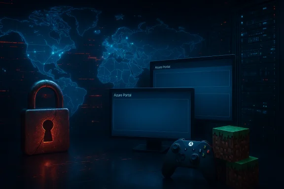 Dim data center with a blue world map, cracked padlock, Azure Portal monitors, a game controller, and Minecraft blocks. Dim data center with a blue world map, cracked padlock, Azure Portal monitors, a game controller, and Minecraft blocks.