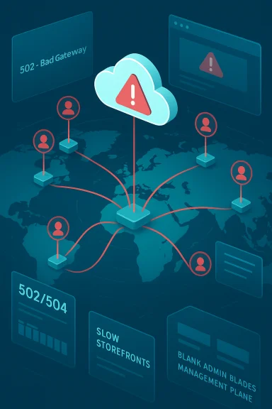 Global network outage with a cloud warning and 502/504 error alerts. Global network outage with a cloud warning and 502/504 error alerts.