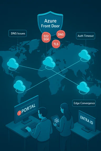 Azure Front Door infographic showing global cloud hubs, DNS/TLS issues, and edge convergence. Azure Front Door infographic showing global cloud hubs, DNS/TLS issues, and edge convergence.
