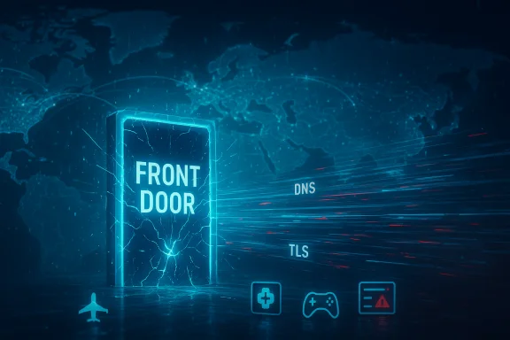 A glowing 'Front Door' gateway with DNS and TLS streams across a world-map backdrop. A glowing 'Front Door' gateway with DNS and TLS streams across a world-map backdrop.