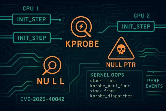 Kernel exploit illustration featuring KPROBE, NULL_PTR, and CVE-2025-40042 with init steps. Kernel exploit illustration featuring KPROBE, NULL_PTR, and CVE-2025-40042 with init steps.