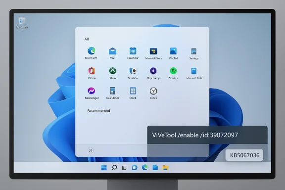 Windows 11-style app grid floating over a blue desktop with a ViVeTool command overlay. Windows 11-style app grid floating over a blue desktop with a ViVeTool command overlay.