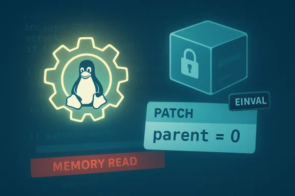 Glowing Linux penguin inside a gear, with patch and memory-read security icons. Glowing Linux penguin inside a gear, with patch and memory-read security icons.