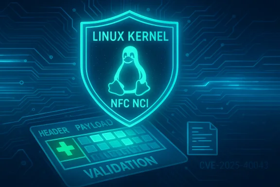 Neon Linux Kernel shield with Tux, labeled NFC/NCI, set against a circuit-board backdrop. Neon Linux Kernel shield with Tux, labeled NFC/NCI, set against a circuit-board backdrop.