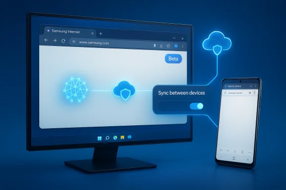 Blue illustration of cloud sync between a PC monitor and a smartphone (Beta). Blue illustration of cloud sync between a PC monitor and a smartphone (Beta).